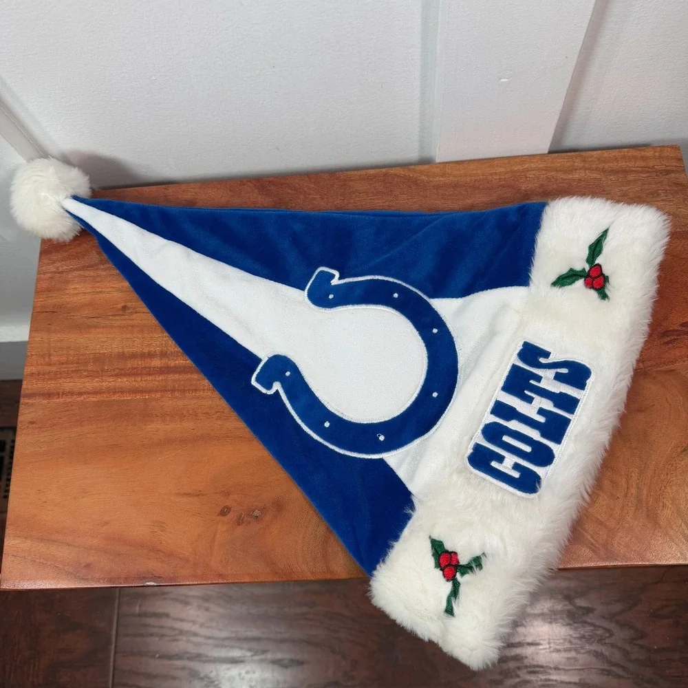 Indianapolis Colts Christmas Santa‎ Hat Blue White Horseshoe Logo Holly